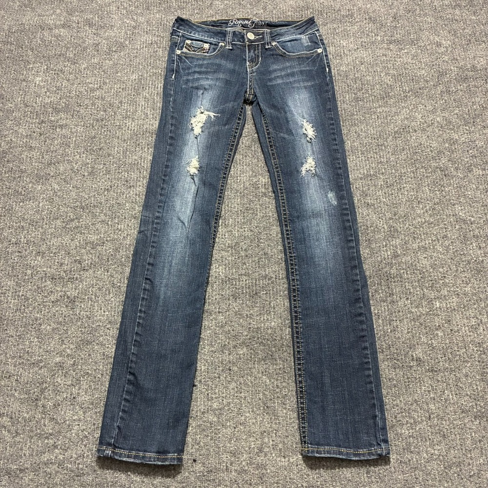 Request Jeans‎ Womens Size 3/26 Blue Denim Distressed Straight Slim Fit Low Rise